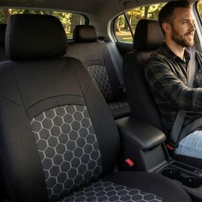 Housse Siège Voiture | Bicoloré Noir & Gris | Motif Hexagonal