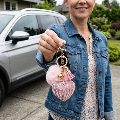 Porte-clé Élégant Cœur Pompon Strass - Automobile4roues.com